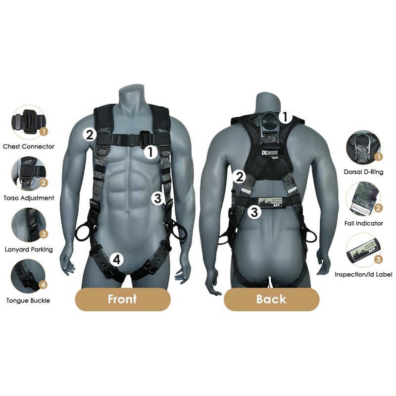 afp Digital Camouflage Universal Fall Protection Ergonomic Comfort Safety Harness, Soft Pressure-Relieving Perforated Breathable Padded Foam Shoulder, 3 D-Rings, Tongue Buckle, Mating Buckle - Image 3